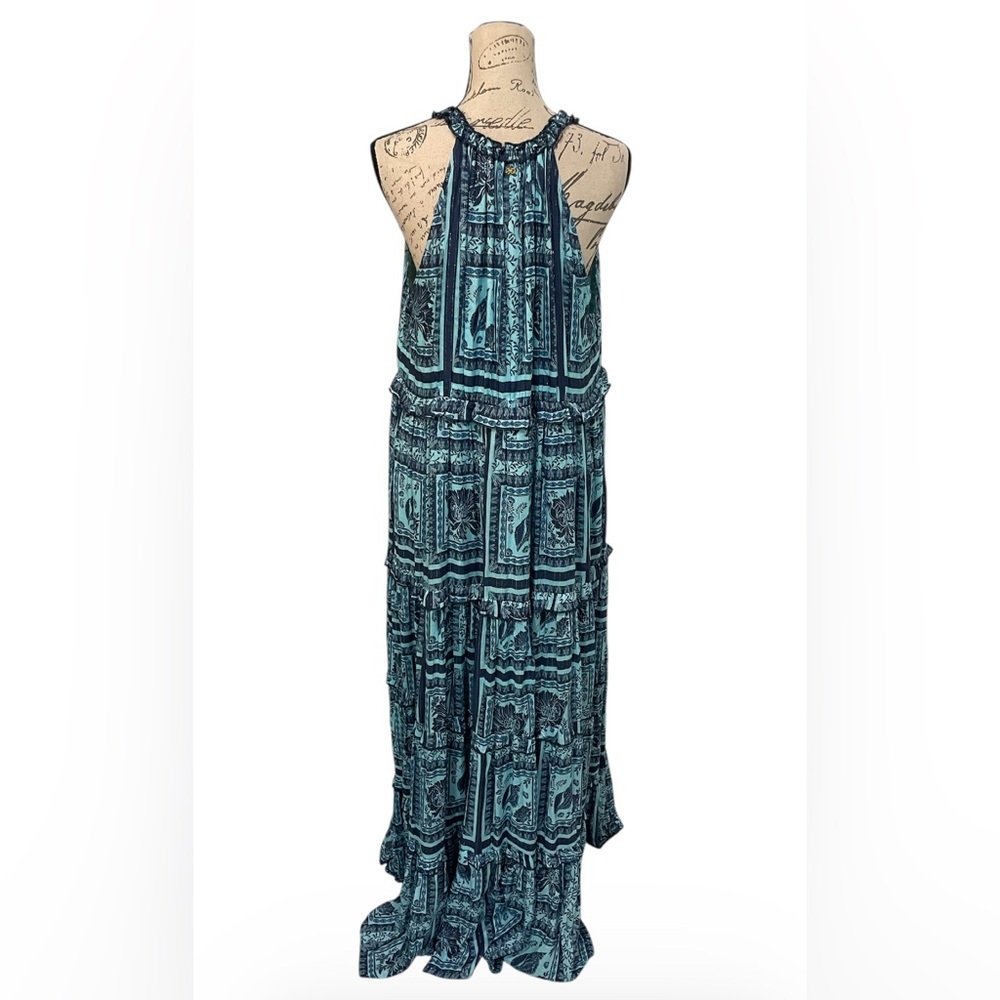 PQ Swim Halter Tiered Maxi Dress Blue Boho Metallic Lurex M/L NWOT - Picture 6 of 11